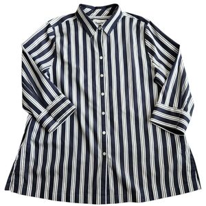 Chico's Button Front Top Shirt Women's 14 Navy Striped Flip Cuff Career Office